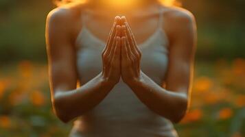 a persons hands in a prayer pose during meditation, soft and soothing background with room for messaging photo