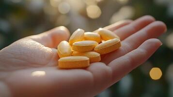 Close-up of a hand holding a daily multivitamin, bright sunlight filtering through the window, space for messaging photo