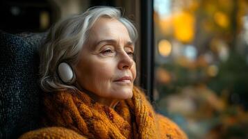 A lifestyle shot of a person interacting with their hearing aid in a relaxed setting, with a blurred background and open space for text. photo