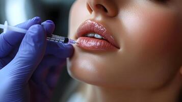 High-quality close-up of a Botox procedure on a clients chin area, clean background with space for text. photo