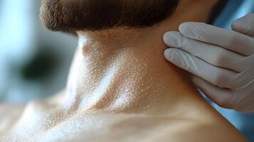 A close-up of a man with laser hair removal on his back, showcasing the process with ample copy space. photo
