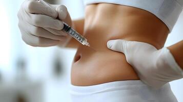 High-quality close-up of a person undergoing liposuction treatment to reduce belly fat, clear background, space for messaging. photo