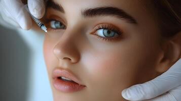 Close-up of a womans face with a Botox injection procedure, smooth skin, soft lighting, room for copy. photo
