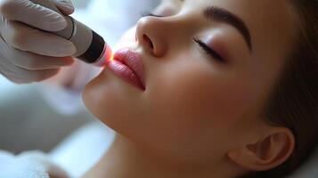High-quality close-up of a laser hair removal procedure in progress on the neck area of a woman, with space for branding. photo