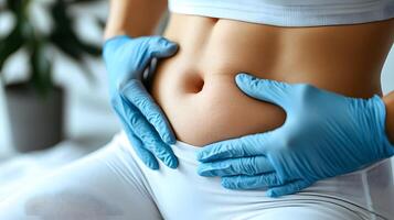 Close-up of a patients abdomen area being treated with liposuction, soft background, room for branding or messaging. photo