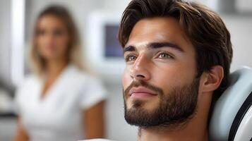 Close-up of a man undergoing a laser hair removal procedure on his chest, soft focus background, room for messaging. photo