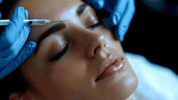 High-definition shot of Botox injections to reduce wrinkles on a persons face, soft lighting with space for branding. photo
