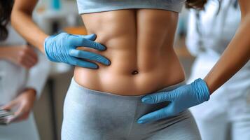 Close-up of a doctor performing liposuction on a patients waist area, soft-focus background, ample copy space. photo
