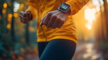 A person wearing insulin pump while exercising outdoors, with a soft-focus background and space for text. photo