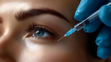 High-quality close up shot of Botox treatment being administered to a persons forehead, clear background with space for text. photo