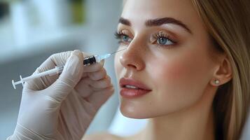 Close-up of a woman getting Botox for smile lines, clear background with space for messaging. photo