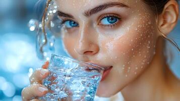 Close-up of a person drinking water during a workout, healthy hydration, clean background with copy space. photo