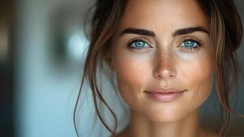 A woman smiling after a Botox treatment, showing rejuvenated skin, high-quality close-up with space for messaging. photo