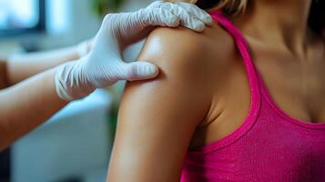 Close-up of a womans arm being treated with a laser for hair removal, soft lighting, room for text. photo