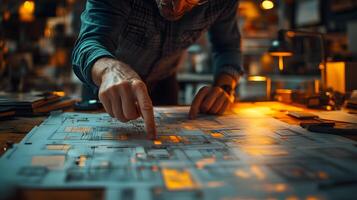 Creative hands pointing at storyboard sketches spread out on a table, teamwork concept, bright lighting. photo