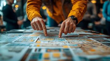 Creative hands pointing at storyboard sketches spread out on a table, teamwork concept. photo