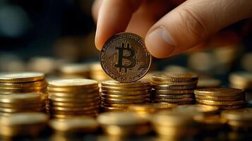 Business hand placing coins in a growing formation, symbolizing profits, blurred background for text photo