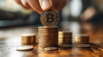 Professional hand placing a coin on top of a growing stack, investment success, clean background for messaging photo