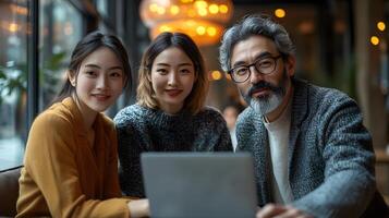 Group of colleagues reviewing presentation on laptop, focused expressions, bright office photo