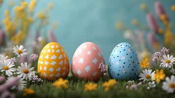 Subtle pastel-colored Easter greeting card design with simple egg and flower illustrations, Happy Easter text, copy space for messages photo