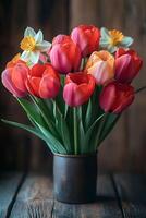 Freshly picked tulips and daffodils arranged on a wooden table with a rustic charm, copy space photo