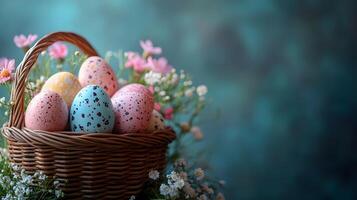 Close-up of beautifully arranged Easter basket filled with pastel-colored eggs, chocolates, and candy, with room for text, copy space photo