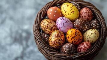 An elegant woven basket filled with decorated Easter eggs, chocolates, and festive sweets, set against a light background, copy space photo