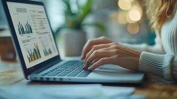 Close-up of hands typing on a laptop with paper documents containing financial trends, 8K high quality realistic, photo