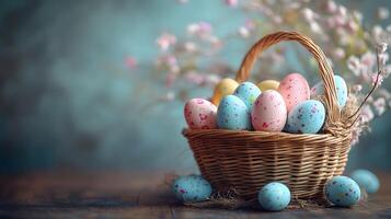 a beautifully arranged Easter basket filled with pastel-colored eggs, chocolates, and candy, with room for text, copy space photo