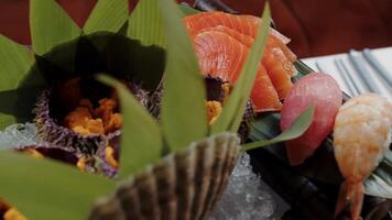 Assorted seafood platter with salmon, shrimp, and shellfish video