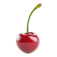 A single red cherry with a green stem and water droplets isolated on transparent background png