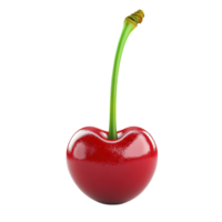 A single shiny red cherry with a long green stem is shown isolated on transparent background png