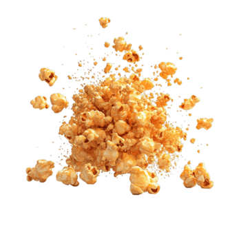 Scattered and exploding popcorn kernels are displayed on a dark background png