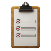 A wooden clipboard featuring a checklist with red checkmarks displayed png