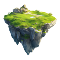 A whimsical island scene floats with lush greenery and stone cliffs png