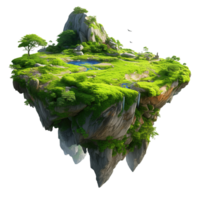 A fantastical floating island adorned with vibrant greenery and a waterfall png