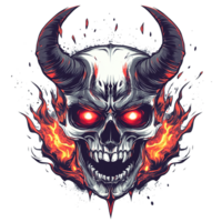 Fiery devil skull with large horns and glowing red eyes png