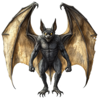 An illustration depicts a winged demonic creature with menacing yellow eyes png