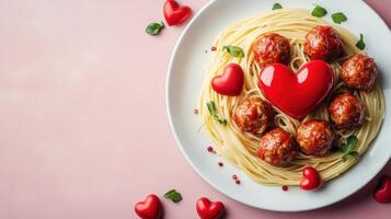 Spaghetti with meatballs and red heart on pink background photo