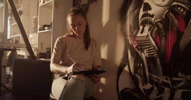 Skilled female tattooist creating new picture using graphic table video