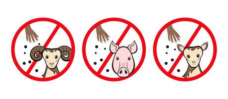 Prohibition sign with ram, pig and goat, hand dropping food, do not feed farm animals, warning in zoo, farm or other public places with animals vector