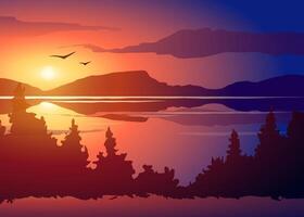 Stylized flat illustration during bright golden sunset hour in woods with grass mountains near lake, flying birds and reflection of clouds, sky in water, gradient in red colors, air of calm travel vector