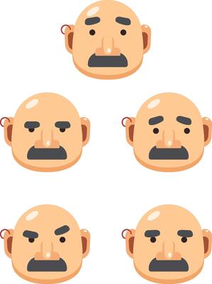 Set of Isolated illustration of bald man head with pirate earring and different emotions, hairless male funny avatar icon, flat style cartoon character, emojis sad, upset, angry, surprised