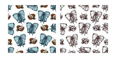 hand drawn colored and monochrome seamless pattern with bikini top and coconut on white background vector