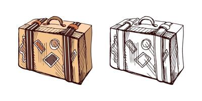 Hand-drawn sketch set of vintage suitcases with travel stickers, colored and monochrome illustrations vector