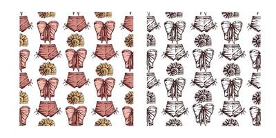 hand drawn colored and monochrome seamless pattern with summer outfits and seashells in vintage style vector