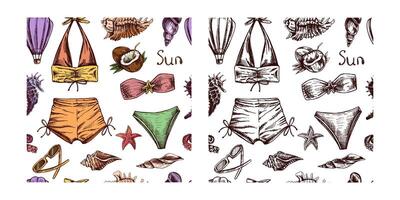 hand drawn colored and monochrome seamless pattern with beachwear, seashells and tropical elements in vintage style vector