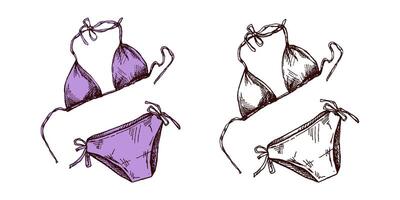 Hand-drawn sketch set of bikinis, colored and monochrome vintage illustrations vector