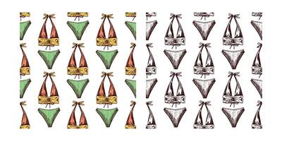 hand drawn colored and monochrome seamless pattern with bikini top and bottoms in vintage style vector