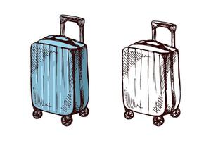 Hand-drawn sketch set of rolling suitcases, colored and monochrome vintage illustrations vector